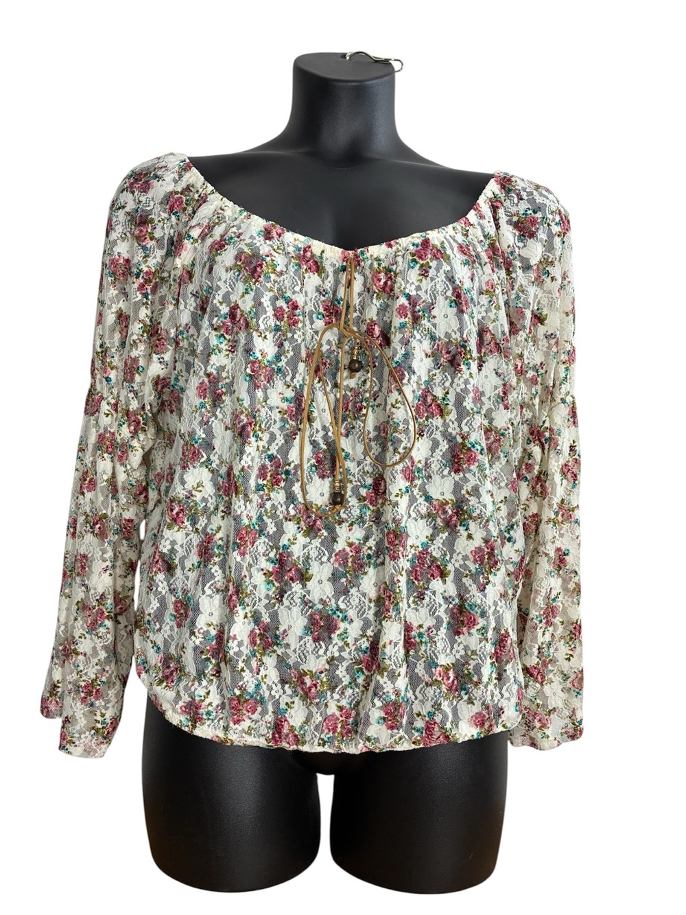 Dots Rose Print Lace Peasant Blouse - Poet Sleeves